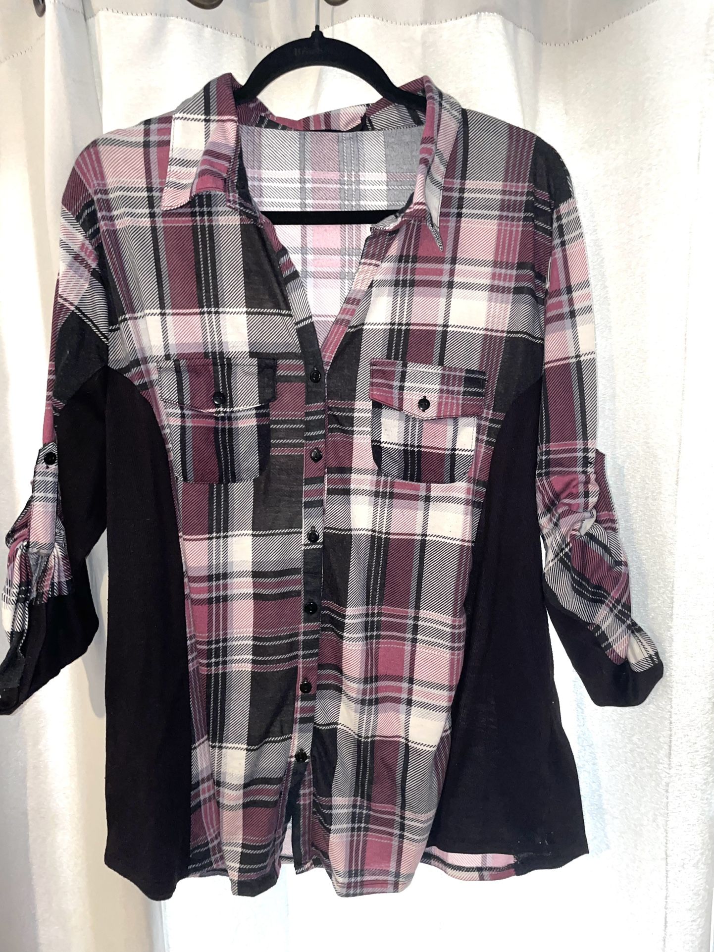 Plaid Button-Up Shirt with Roll-Up Sleeves 2xl