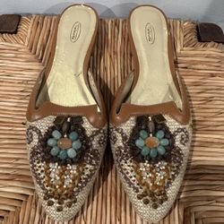 Talbots Beaded Tan and Brown Mules Size 7.5