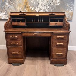 Vintage American 54" Oak Craft Desk S Curved Golden Oak Roll Top Desk