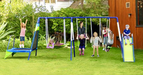 Sportspower Mountain View Metal Swing Set with Slide and Trampoline