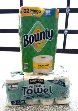 Bounty and Kirkland Signature Paper Towels $15 per pack