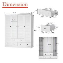 🥨Armoire Wardrobe Closet with 4 Shutter Doors & 2 Hanging Rods, Wood Clothing Storage Cabinet with 5 Drawers & Shelves for Bedroom, White