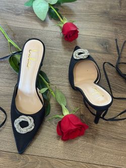Lulus Black Satin Heels with Crystal Embellishment