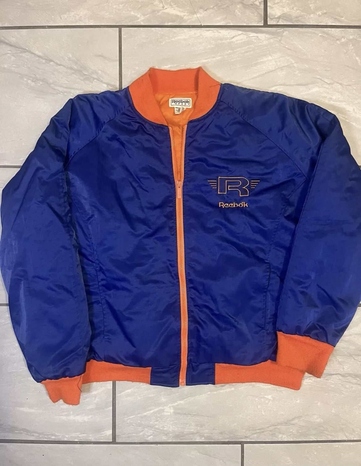 Vintage REEBOK Sport Blue Orange VARSITY BOMBER Nylon Jacket Embroidered Size L