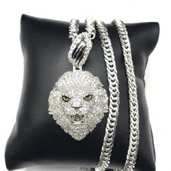 925 Sterling Silver 3.20CT MOISSANITE 3D Lion Pendant Cuban Chain men’s Necklace 