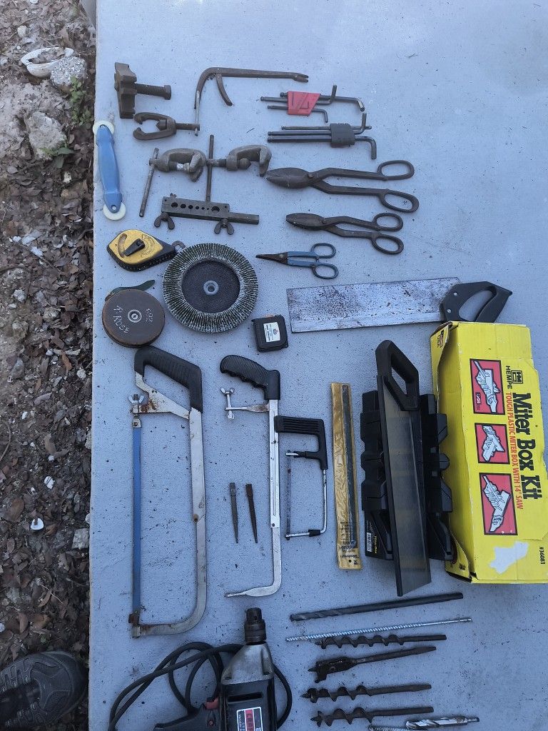 EVERYTHING IN PICTURES TAKE ALL,1/2" REV.DRILL& JIG SAW,DRILLS BITE,MITER BOX NEW, FILES,SNIPES,PULLERS,- MORE, NEED GONE TODAY!