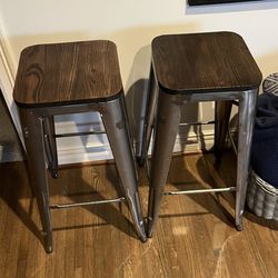 NEW SET 2 BROWN WOOD TOP & BRUSHED SILVER METAL LEG BARSTOOLS BAR 30” HEIGHT BAR STOOLS CHAIRS 