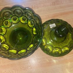 Vintage 3 Piece Set LE Smith Glass Moon And Stars Compote Green Pedestal Covered Bowl Candy Dish 8”