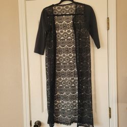 Beautiful, Long Black Cardigan with Lace Cut-out Bodice
