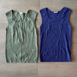 GU Ribbed Square Neck Knit Tank Top Set Green Blue Size M