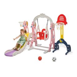 Kids Swing & Slide Set W/ Basketball Hoops