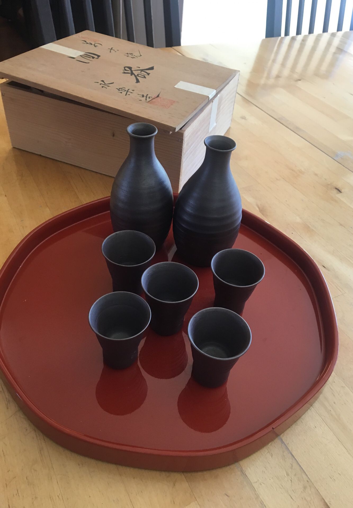 Antique Sake bottles x 2 and cups x 5 set