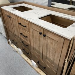 Bathroom Vanity Cabinet 60” Solid Teak Quartz Top With Sinks And Backsplash