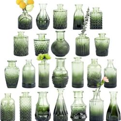 TBWIND Set of 24 Glass Bud Vases, Small Green Flower Vases for Bulk Centerpieces, Mini Vintage Vase for Wedding Decor and Home Table Decor