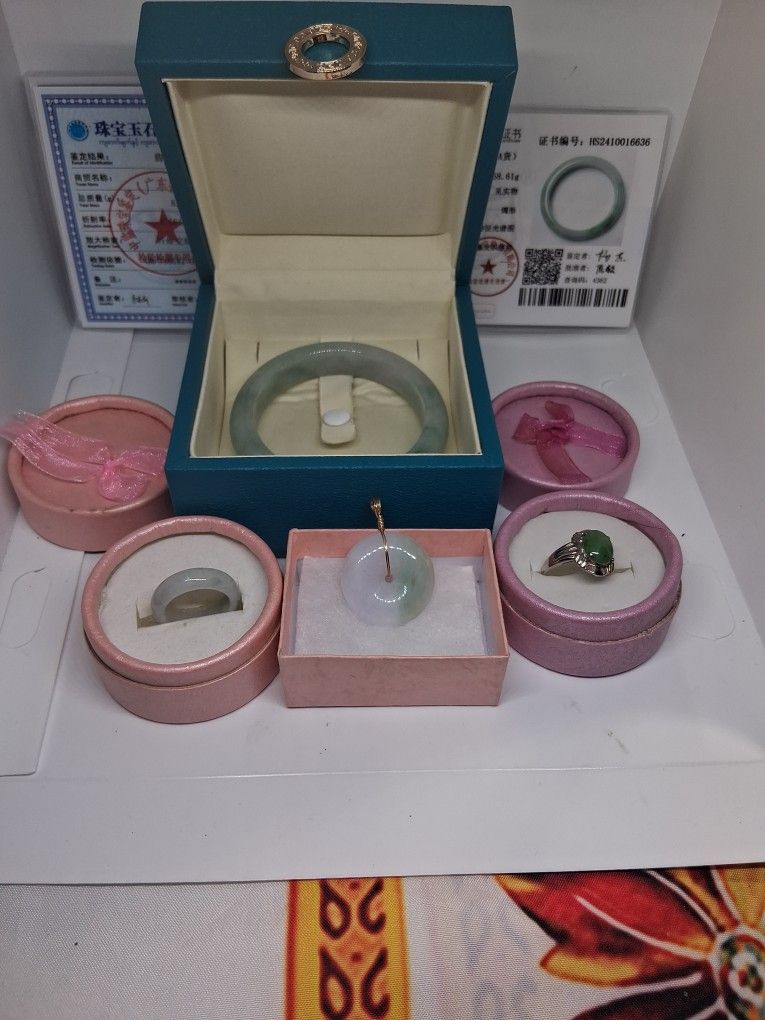 Lot Sale 4 Pcs Bangle Size 56.7 Ring Size 6.5 Pdnt 1" All Genuine Green Emeraldn Jade Jadeist BURMA