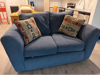 Blue Fabric Loveseat with Accent Pillows
