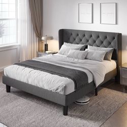 Queen Size Bed Frame with Button Tufted Wingback Headboard, Dark Grey Modern Upholstered Platform Bed Frame, Strong Wood Slat Support, Under-Bed Stora