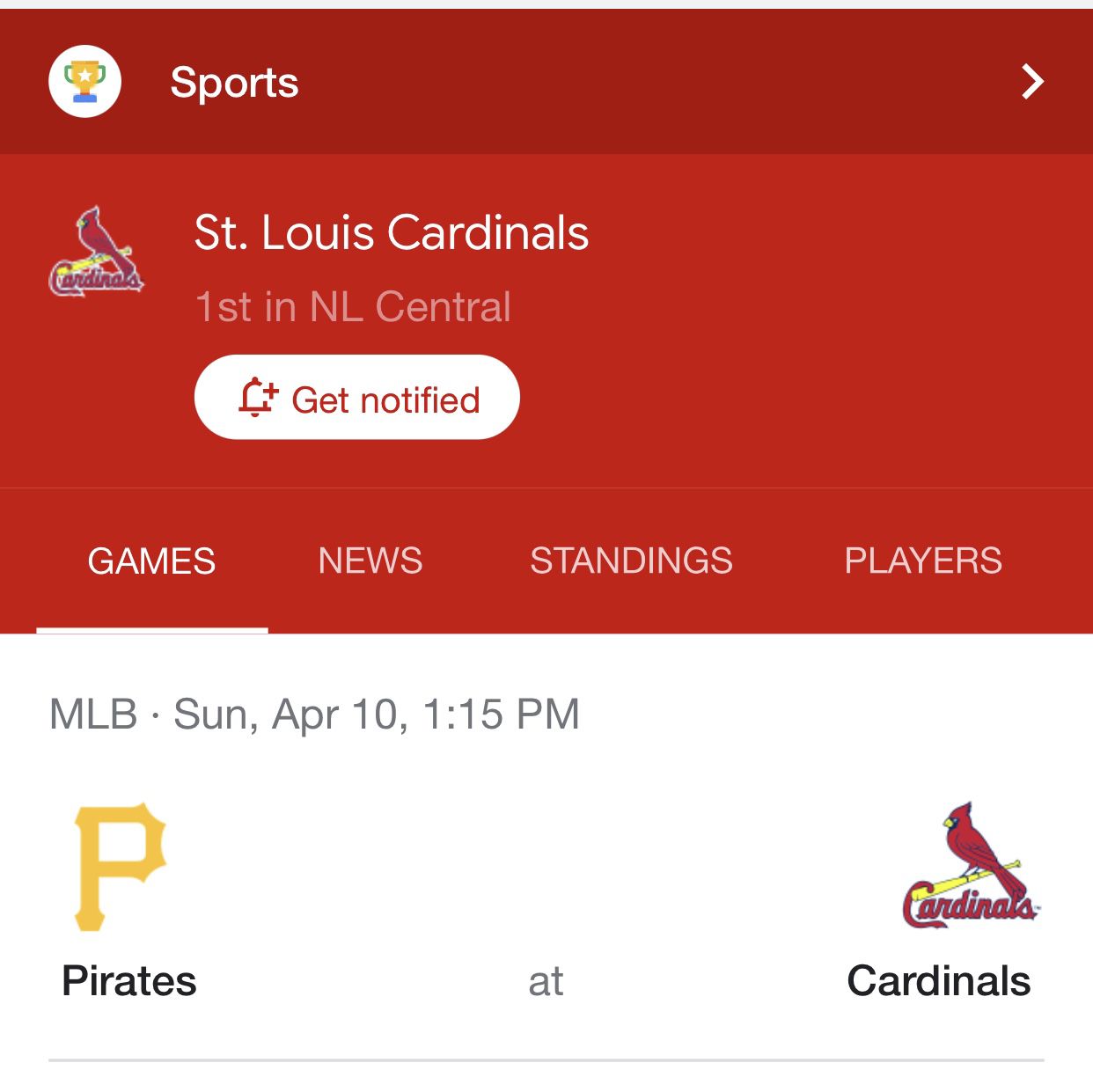 Sunday April 10 Cardinals Game  