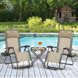 3PCS Zero Gravity Recliner Portable Outdoor Reclining Chair Set w/Side Table Folding Chaise Lounge Chairs for Patio Beach Deck Garden Pool Beige