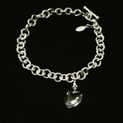 9" x 9mm Heavy Solid Sterling Silver Rolo Cable Link Chain Bracelet with Beaded Crystal Heart Pendant. FLAWLESS!