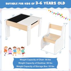 Kids Table and Chair Set, 4 in 1 Wooden Activity Table & 2 Chairs with Detachable Blackboard for Arts, Crafts, Drawing, Reading, Storage, 3 PCS Toddle