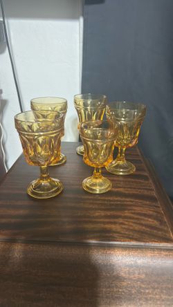 Anchor hocking, Fairfield Amber/honey for water, goblets and one smaller wine or juice vintage