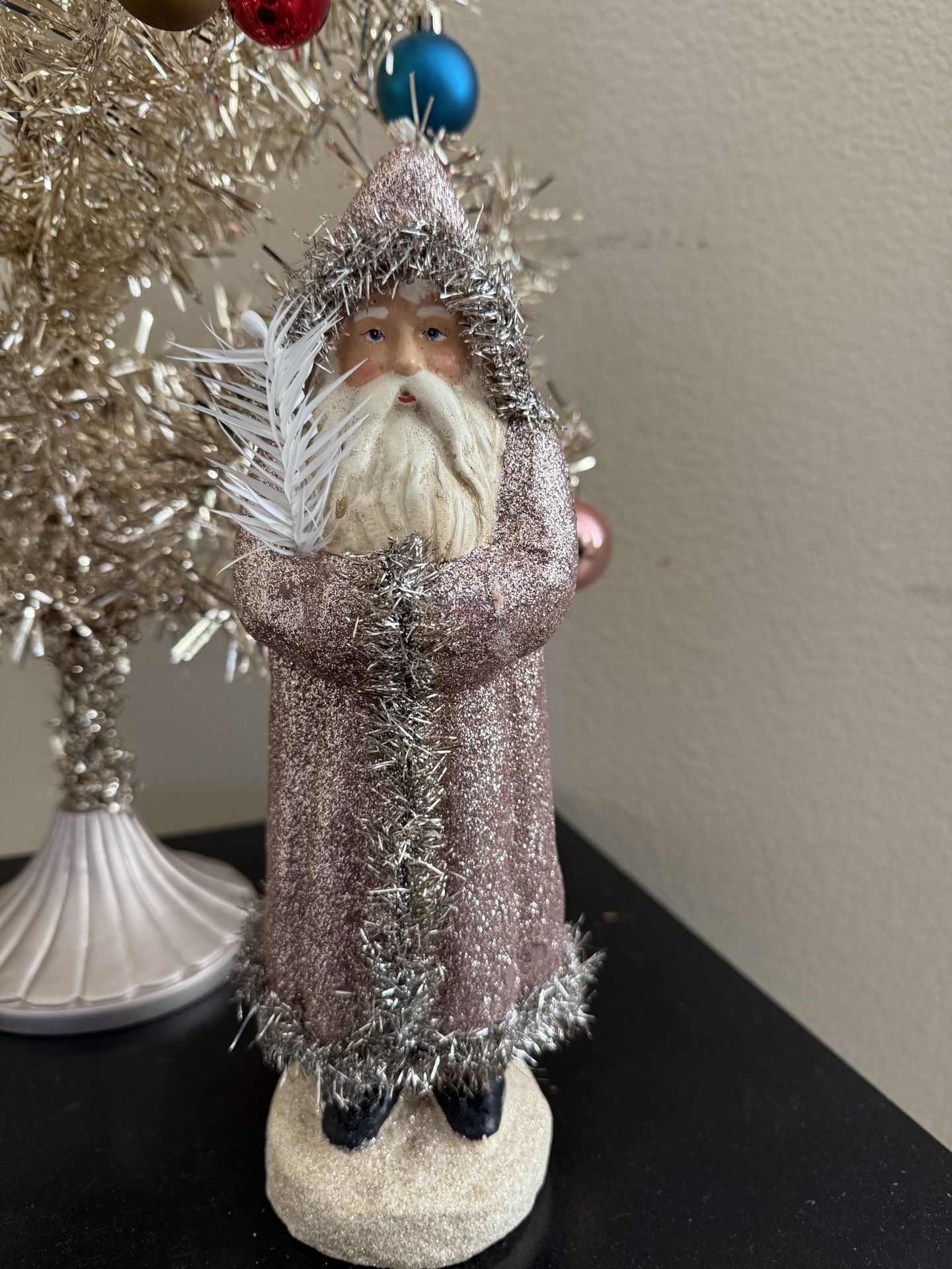 Pink Glitter Vintage Looking Santa Claus