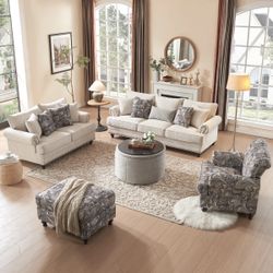 5 Piece Living Room Set, Upholstered Sofa Couch, Loveseat And Floral Accent Chair With Footstool And Large Storage Ottoman