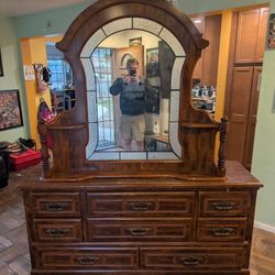Antique Wood Dresser And Framed Mirror (Solid As Set)
