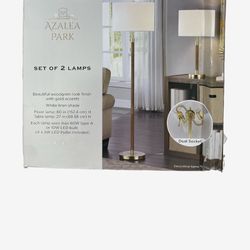 Azalea Park Faux Wood/Gold Twin Light Floor & Table Lamp Set, White Linen Shade