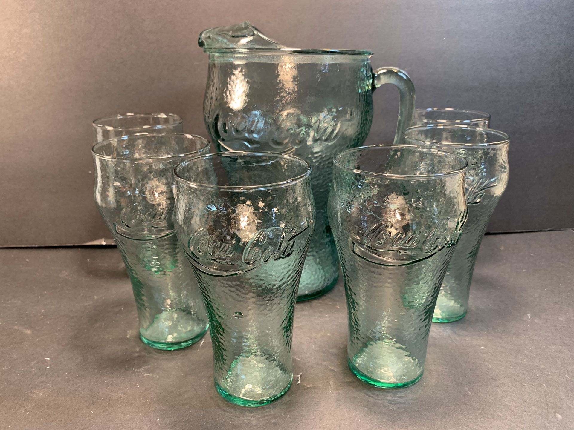 COCA-COLA Vintage Green Pebble Glass Pitcher/Glasses Set (7 pieces)