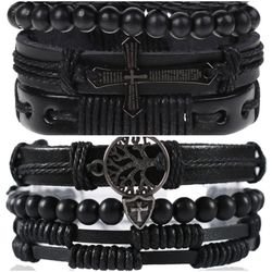 2 x Set Adjust. Size up to 9.5inc Leather Bracelet, (Cross-Black)