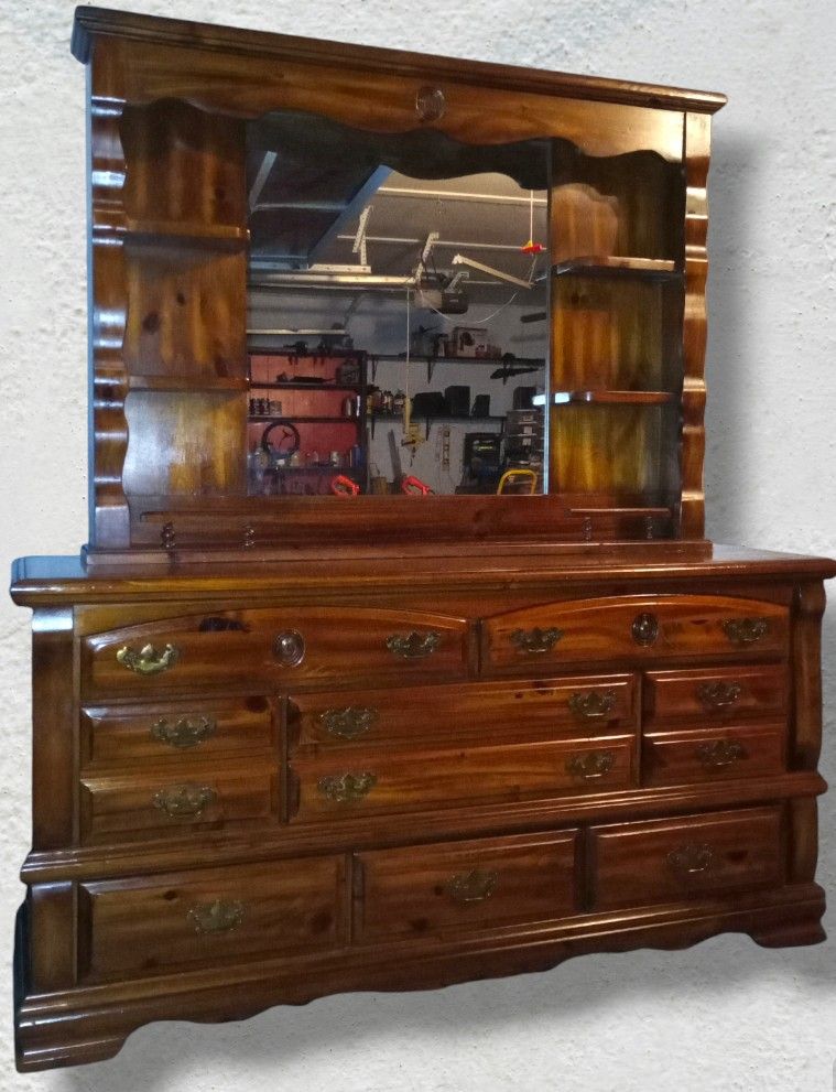 Cherry Wood Dresser Hutch & Mirror