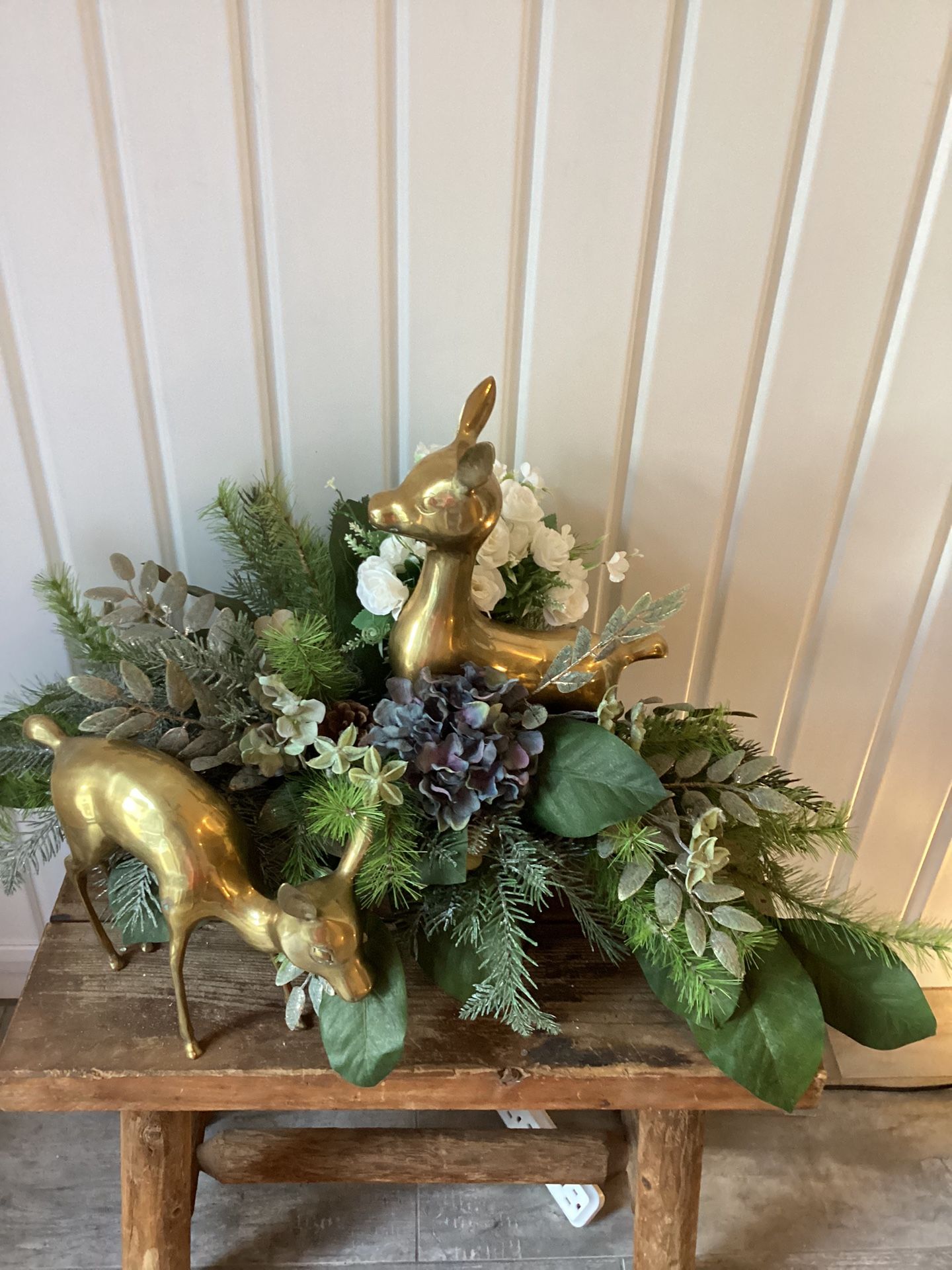 Two brass Deer With Flower Arrangement 