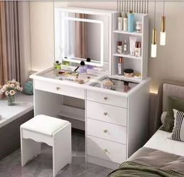 39.4" Modern White Vanity Desk Makeup Table Large Sliding Lighted Mirror Dressing Table With 5 Drawers Hidden Shelves