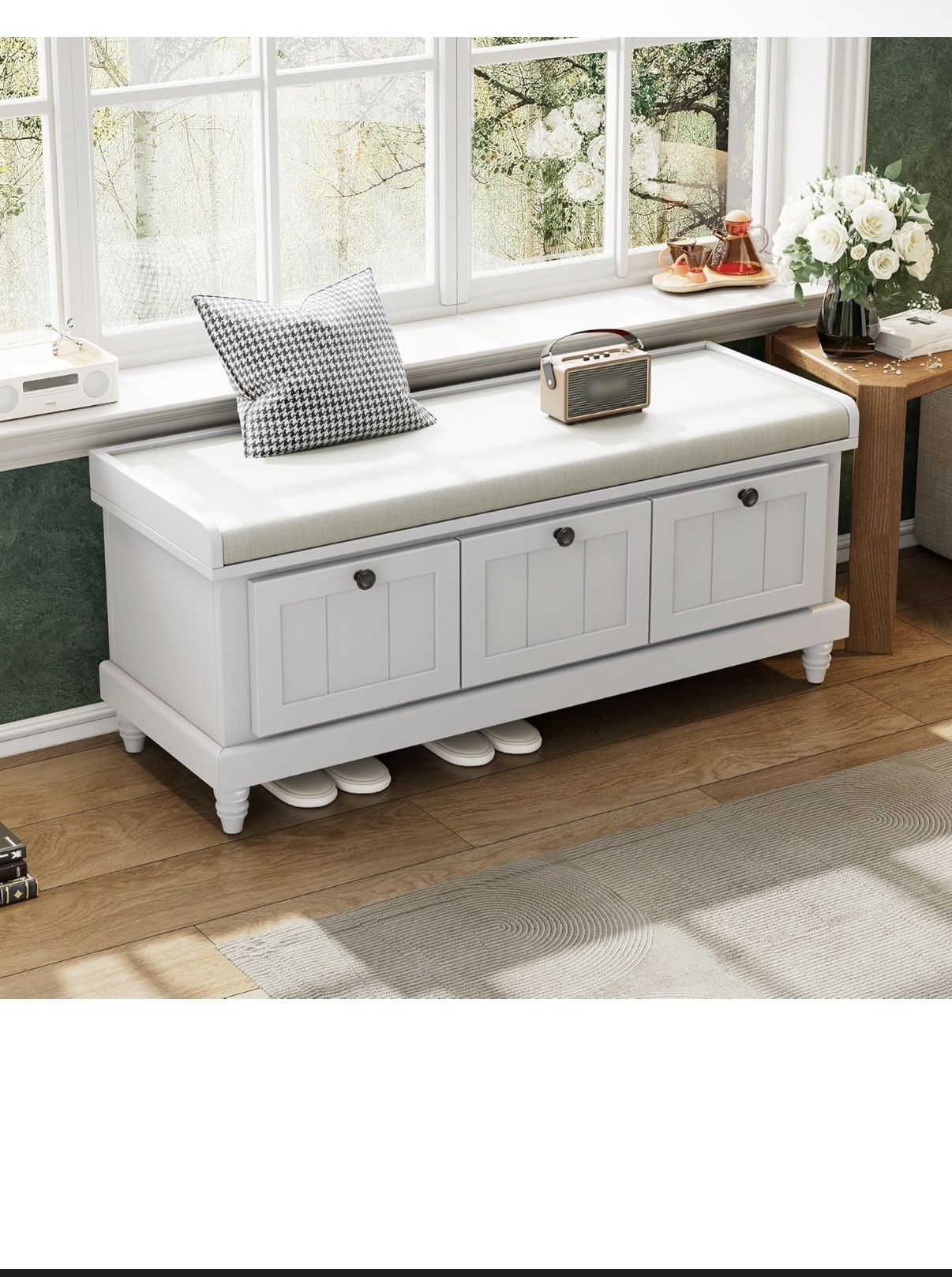 Shoe Storage Bench, Fluted Ottoman Bench with Hidden Storage Space, Wood Bench End of Bed with 3 Doors and Flip Cover Storage for Living Room, Bedroom