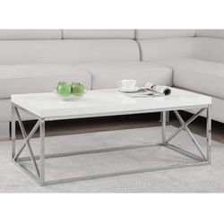 Monarch Specialties Modern Coffee Table for Living Room Center Table with Metal Frame, 44 Inch L, Glossy White / Chrome