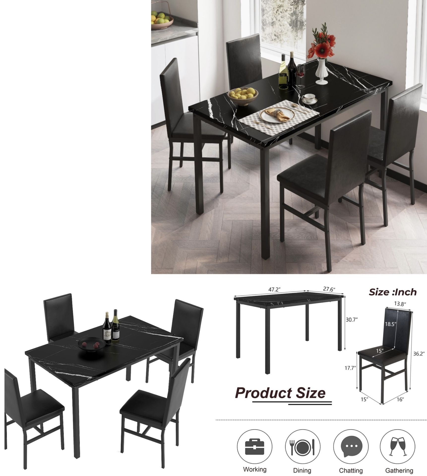 5 Piece Dining Table Set, Modern Faux Marble Tabletop and 4 PU Leather ...