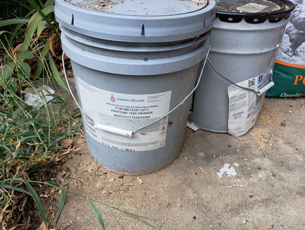 2 Five Gallon Buckets Of Orange And Dark Green Paint
