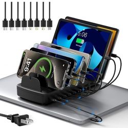 260W Charging Station for Multiple Devices, 10 Port Fast Charger Station with Flame-Retardant Material & 8 Cables for iPad, MacBook, iPhone, Kindle, H