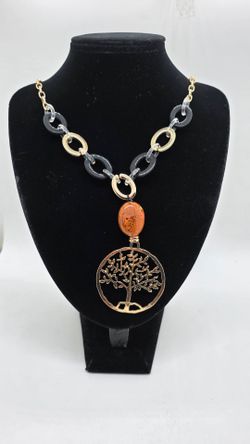 Gold & Black Tree of Life Pendant Necklace with Orange Bead
