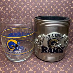 Vintage Los Angeles RAMS NFL DRINKING GLASS 8 oz & Other Cup Holder Has Writing
