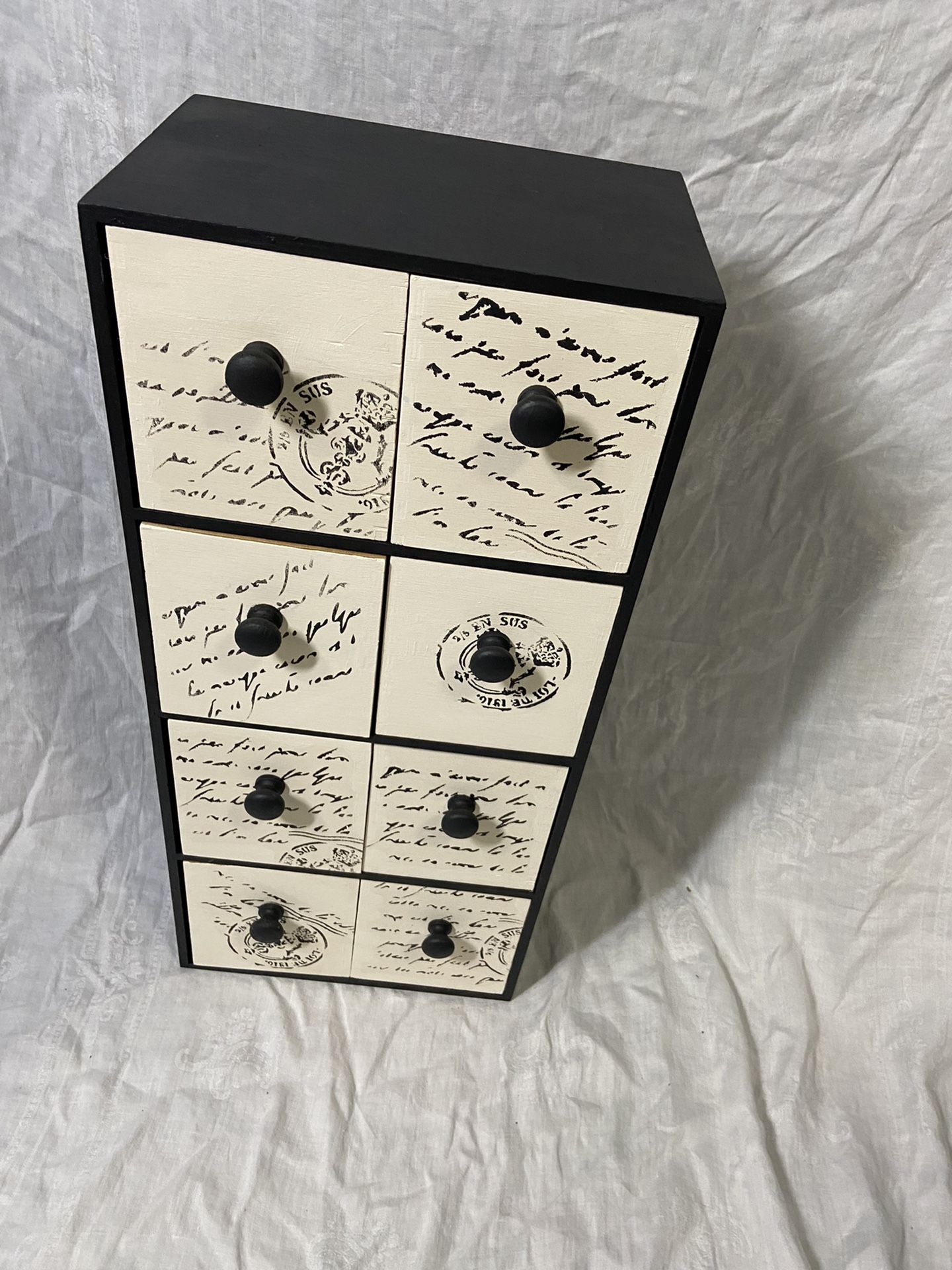 French cursive cabinet dresser black and white