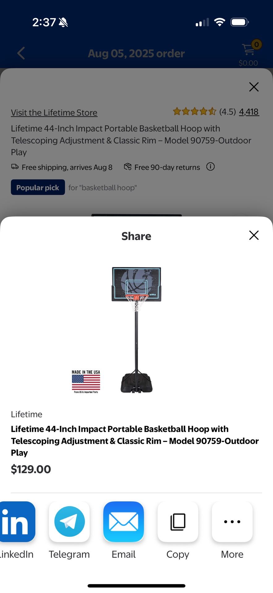 BASKETBALL HOOP (44-INCH ) LIFETIME PORTABLE BASKETBALL HOOP