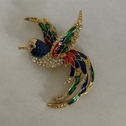 Vintage Bird Of Paradise Enamel Rhinestone Brooch/ Pin