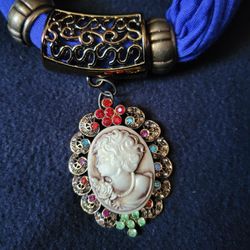 Blue Scarf Necklace Pendant With Rhinestones 