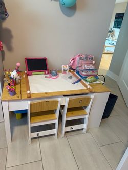 Children's Wooden Activity Table with Two Chairs - White and Natural