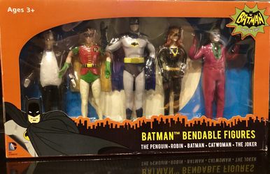 Bendable Figures- 1960’s Classic Batman TV series: Batman, The Penguin, Catwoman, Robin, The Joker