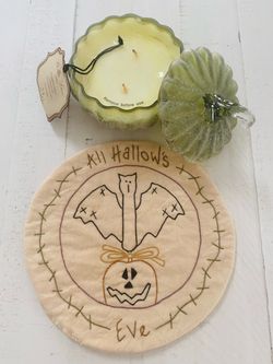 Sage Green Glass Pumpkin Spice Candle w/Vintage Inspired Halloween Mat