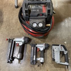 Air Compressor, Hose, And 3 Nailers